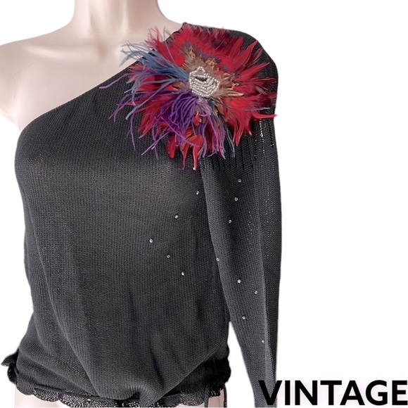 VINTAGE EMBELLISHED 80s Feather red Rosette 1-sleeved knit jersey black 6 - Picture 2 of 16